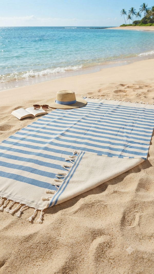 1784464605049 Fouta coton recyclé doublé éponge Coralia " écru/ bleu ciel "