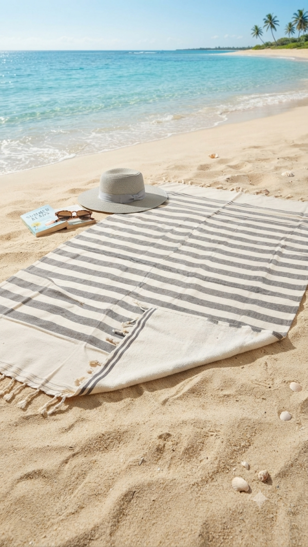 1784465380555 Fouta coton recyclé doublé éponge Coralia " taupe/ beige"