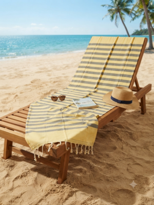 Fouta en coton recyclé doublé éponge Coralia " jaune / gris "