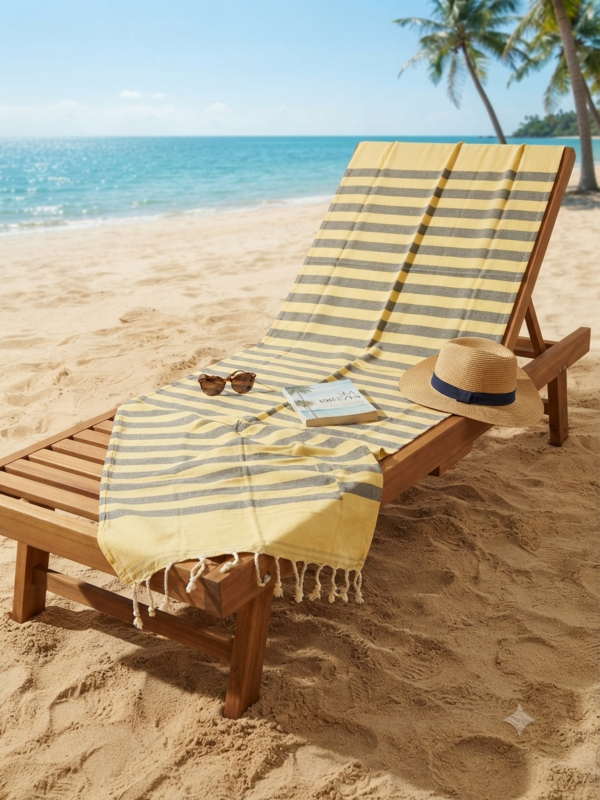 Fouta en coton recyclé doublé éponge Coralia " jaune / gris "