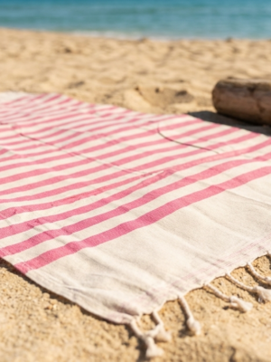 Fouta coton recyclé doublé éponge Coralia "ROSE FUSHIA /BLANC "