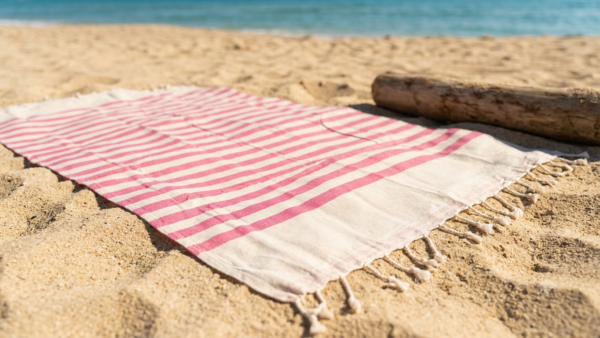 Fouta coton recyclé doublé éponge Coralia "ROSE FUSHIA /BLANC "