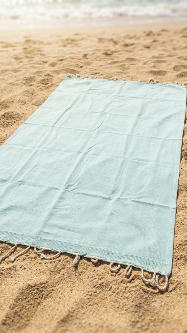 Fouta coton recyclé doublé éponge Coralia "Vert d 'eau "